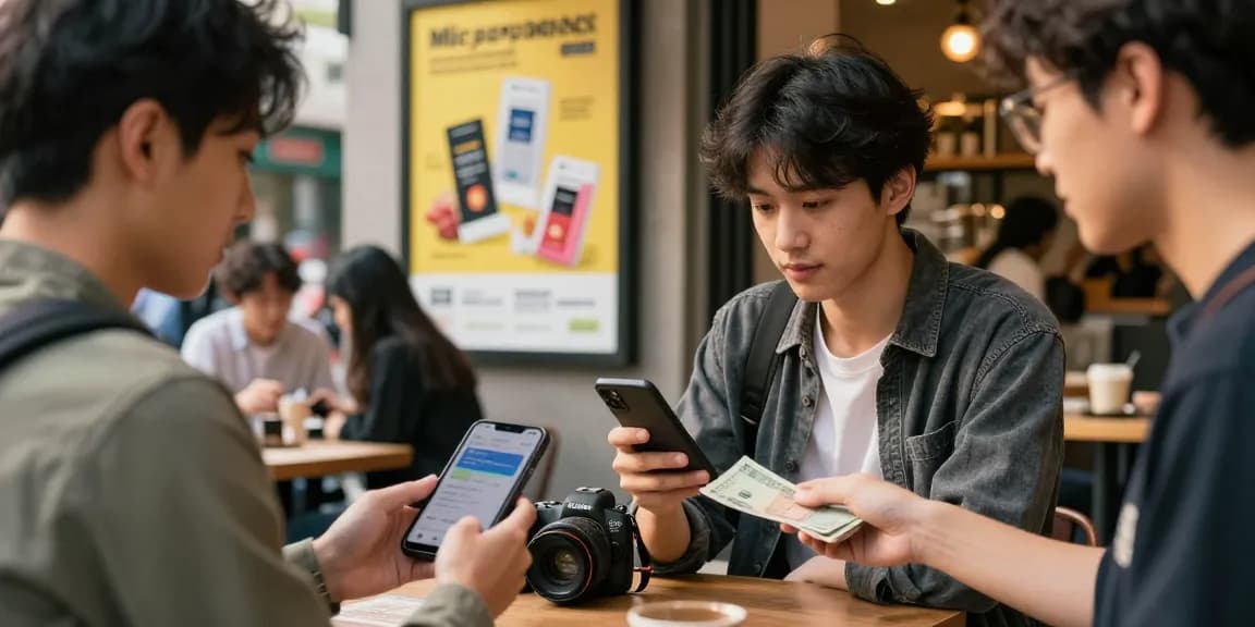 소액결제현금화를 통해 현금을 교환하는 현대적인 도심 카페의 젊은 어른들 모습