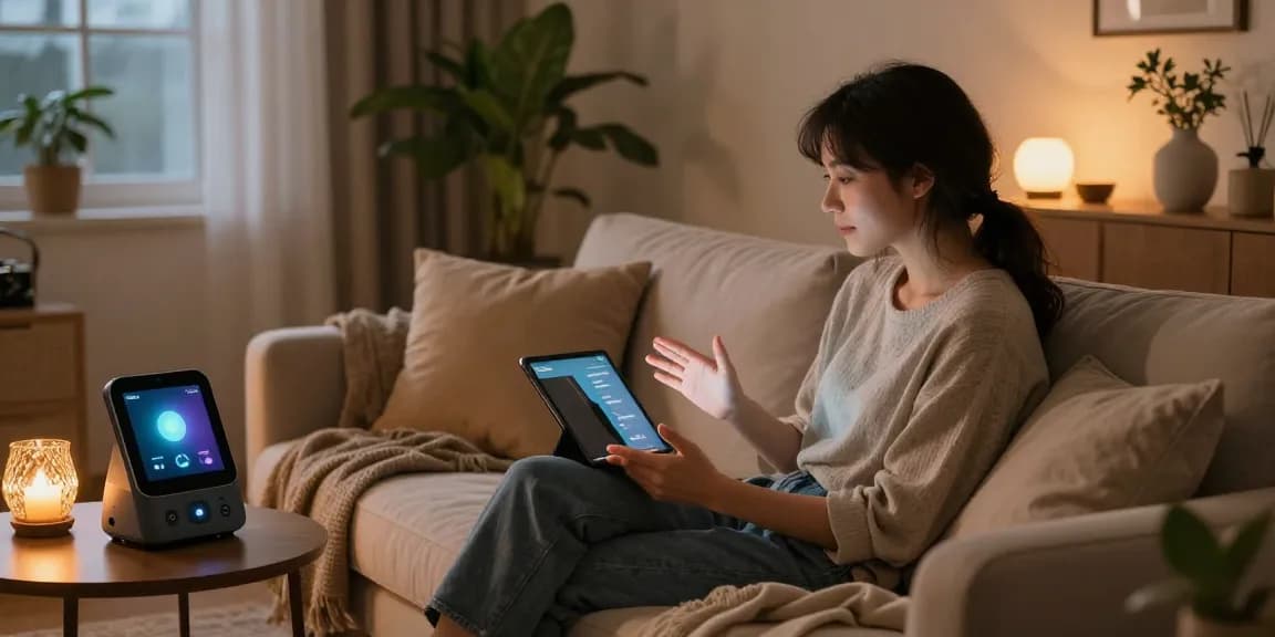 Engaging with an 18+ ai chatbot in a cozy home setting.
