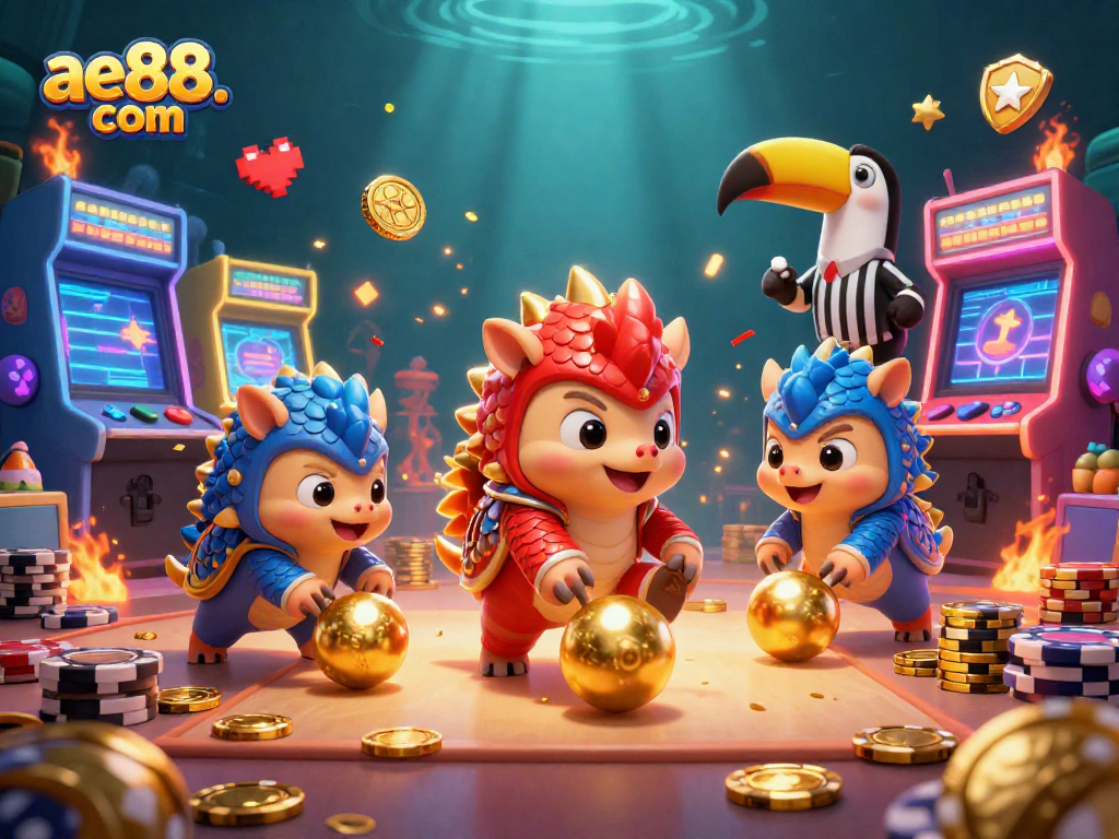 Engage with ae88. com through exciting 3D cartoon pangolins in a vibrant casino scene with poker chips.