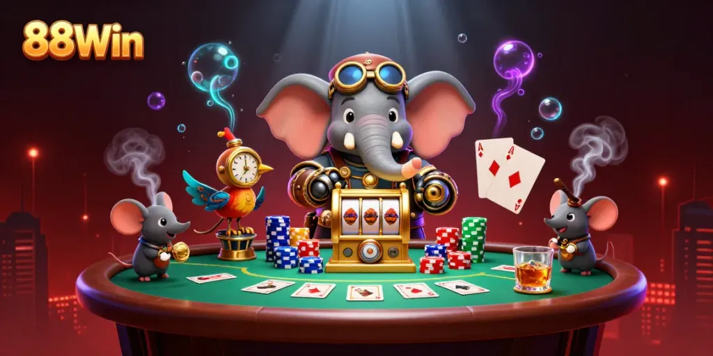 Play exciting slots with 88Win's cartoon elephant engineer and dynamic gaming elements.