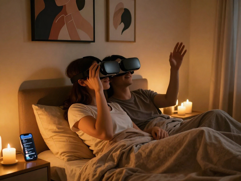 Couple exploring ai sex experiences with virtual reality in a cozy setting.