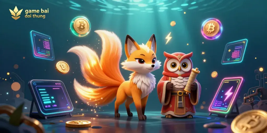 Experience the vibrant world of game bai doi thuong with the enchanting nine-tailed fox and owl in a dynamic casino setting.