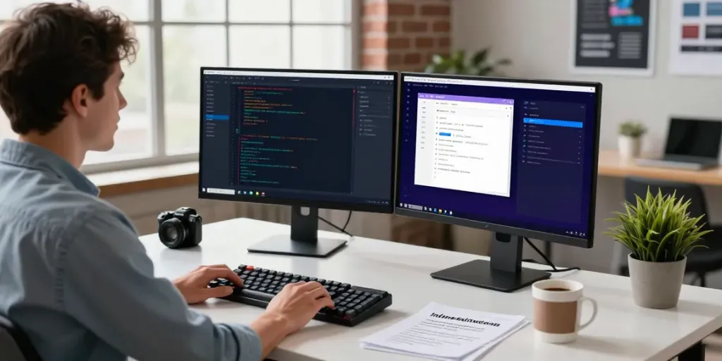 Developer utilizing instant indexing techniques in a modern workspace setup.