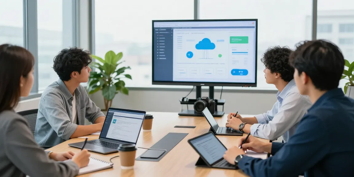 Team collaboration exploring a cloud based business phone system in a modern office.