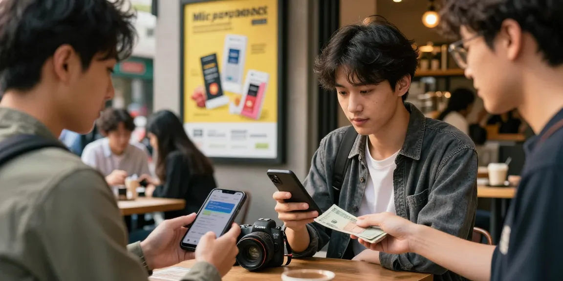 소액결제현금화를 통해 현금을 교환하는 현대적인 도심 카페의 젊은 어른들 모습