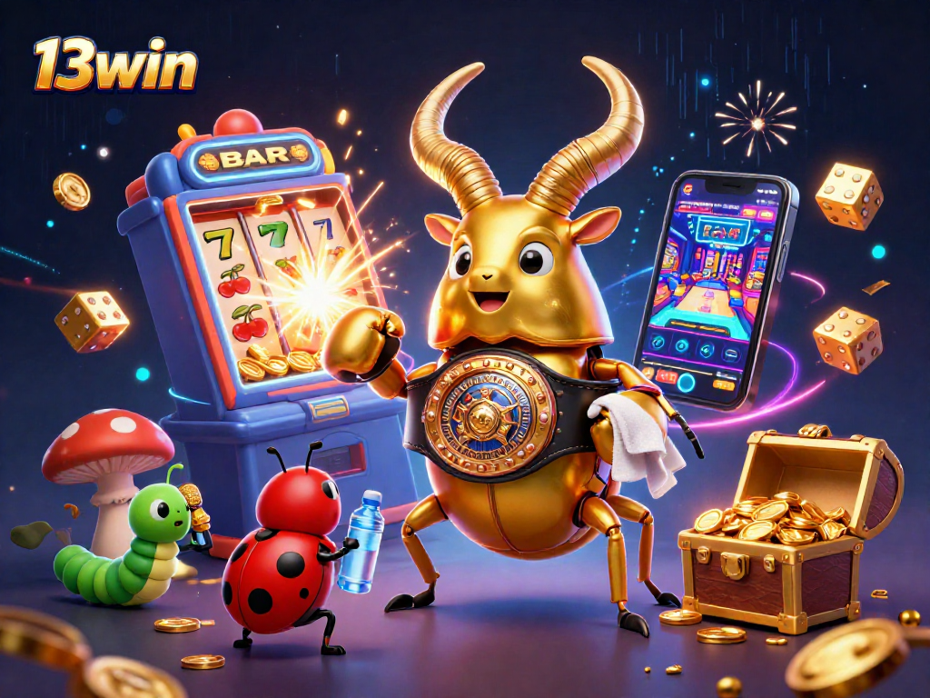 Engage in thrilling gameplay at 13win with an exciting slot machine, glowing symbols, and dynamic casino elements.