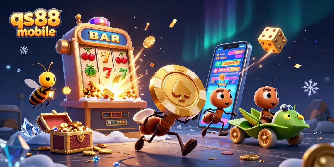 Experience thrilling gameplay at qs88 mobile, with a team of ants on a heist amidst sparkling casino elements.