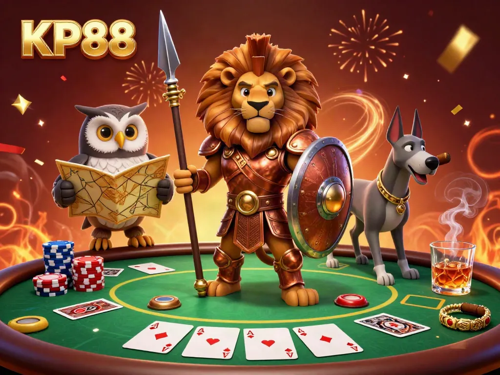 Engage in thrilling poker action with KP88 in a vibrant, festive casino scene filled with colorful chips and cards.