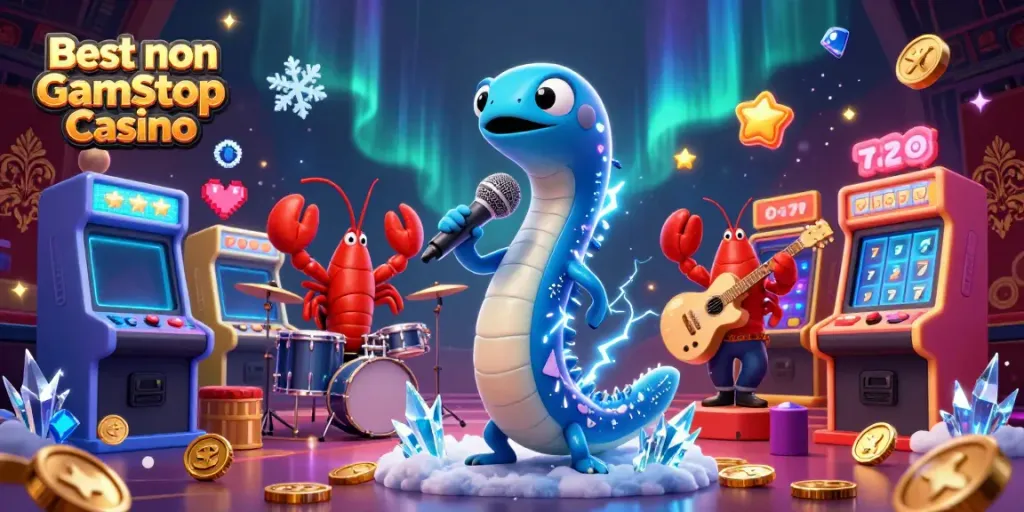 Experience excitement at the Best non Gamstop Casino with a lively underwater DJ performance featuring vibrant casino elements.