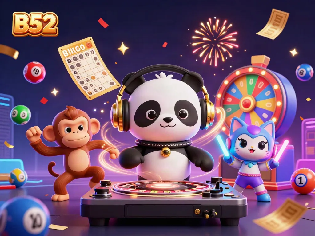 B52 celebrates gaming excitement with a DJ panda, breakdancing monkey, and rave kitten amidst dynamic lottery elements.