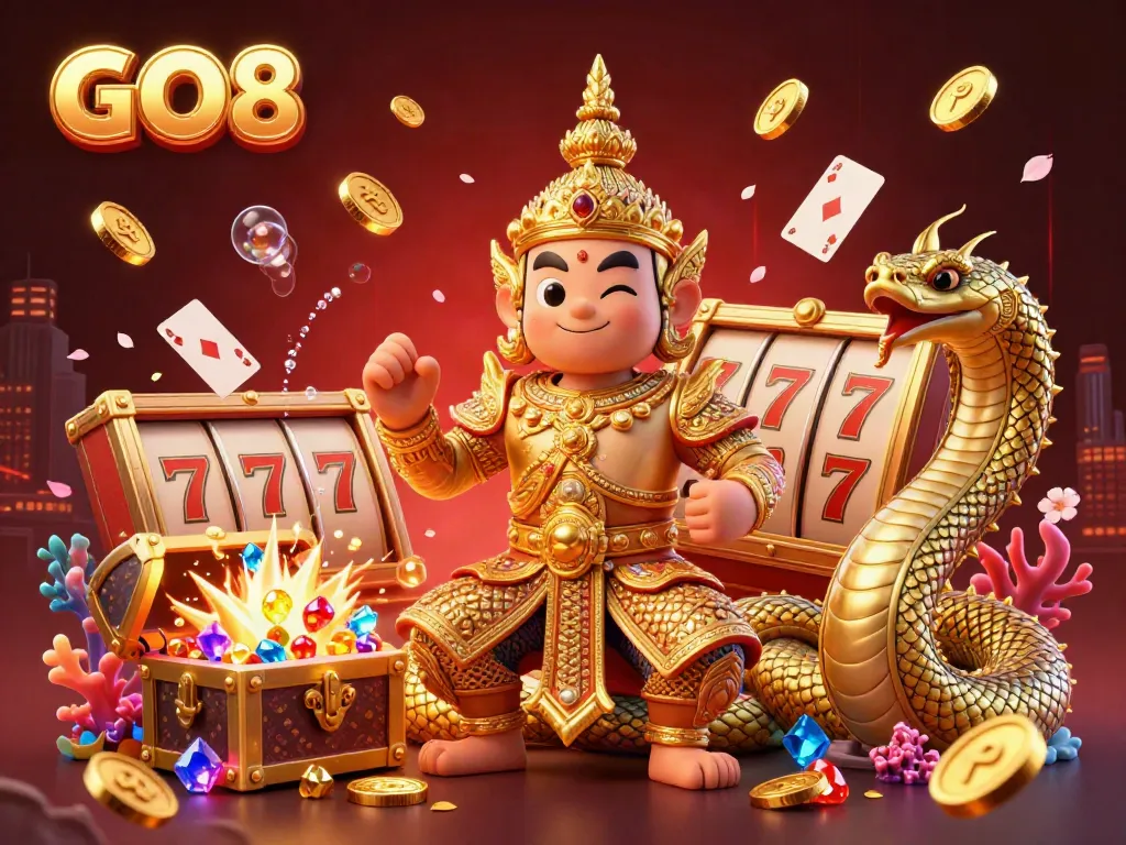 Engage with GO8's thrilling casino experience amidst a 3D vibrant gaming scene filled with excitement.