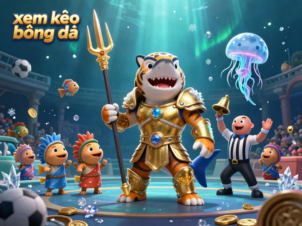 Experience xem kèo bóng đá in a vibrant underwater battle of a golden gladiator tiger shark amidst a cheering crowd.