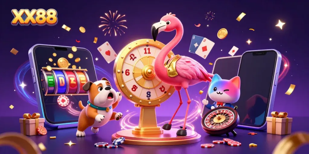 Experience excitement with XX88 as a charismatic flamingo spins a prize wheel amidst magical casino elements.