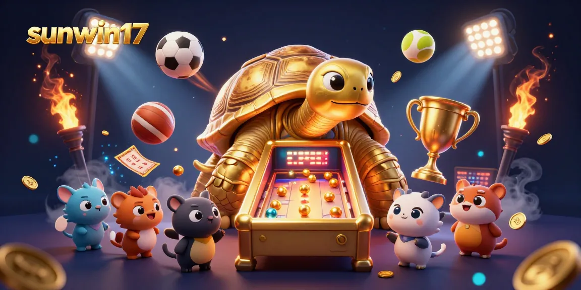 Play exciting games at sunwin17, featuring a golden tortoise pinball machine and vibrant sports elements.