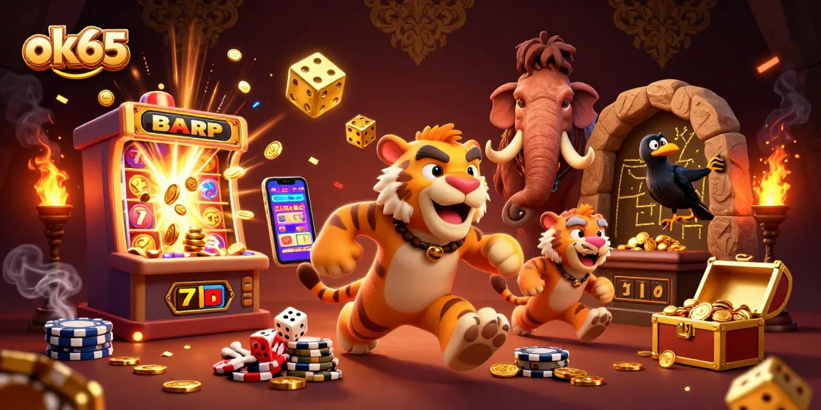 Experience the excitement of ok65 with a lively prehistoric casino scene featuring immersive elements.