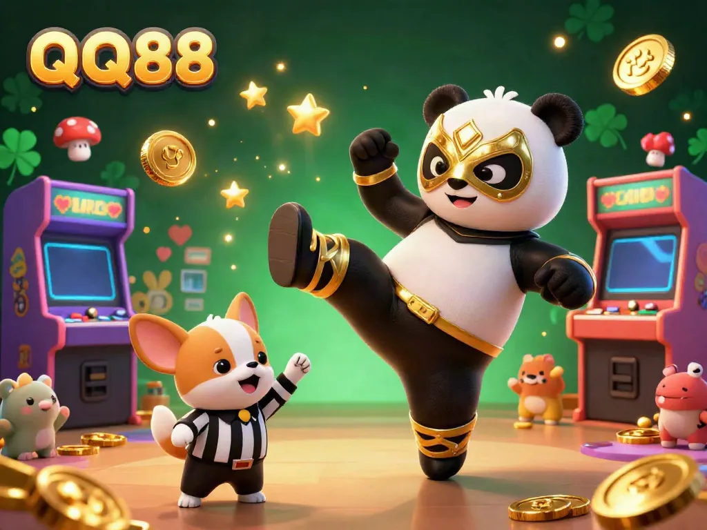 Experience thrilling betting action at QQ88 with a dynamic 3D scene of a wrestler panda and cheering animal fans.
