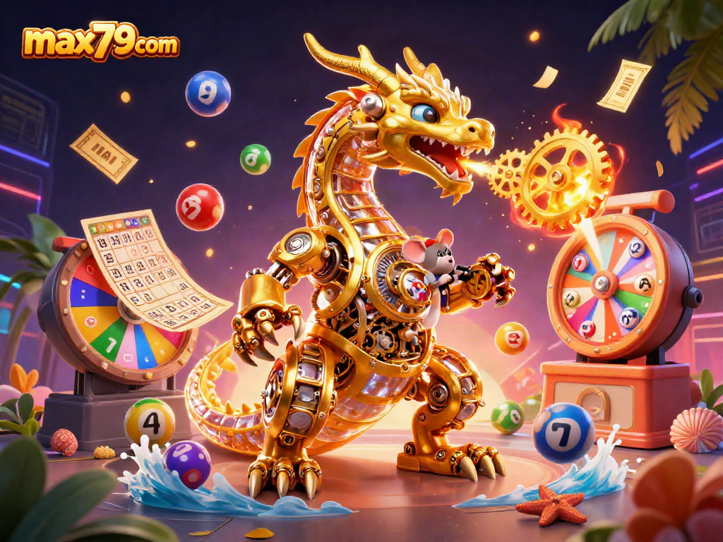 Experience thrilling lottery excitement with max79com, featuring vibrant winning elements and a golden dragon.