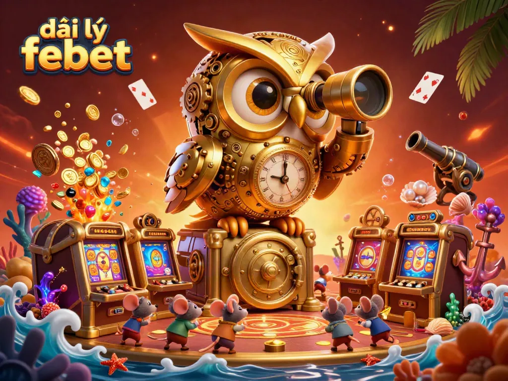 Experience the excitement at đại lý febet with a dynamic casino scene featuring a golden owl and vibrant gaming elements.