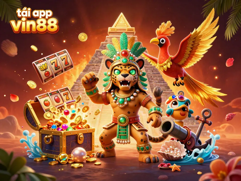 Experience the excitement of tải app vin88 with vibrant casino symbols in a dynamic 3D scene.