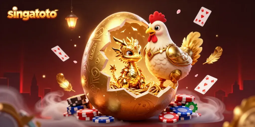 Experience singatoto's exciting casino adventure with a golden dragon and poker chips.