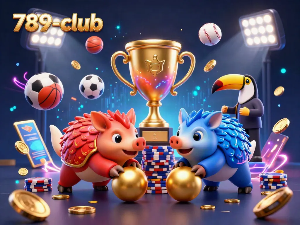 Enjoy thrilling gameplay at 789-club with dynamic pangolins bowling through poker chips, showcasing a lively casino atmosphere.