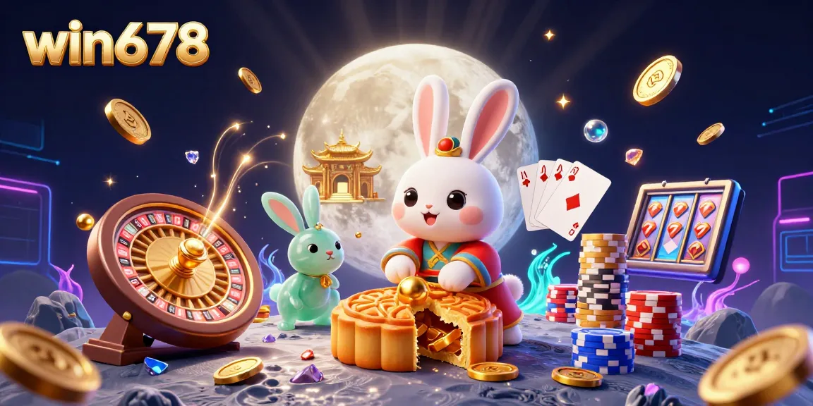 Experience thrilling gaming action with win678, featuring a creative moon rabbit scene filled with poker chips and casino elements.