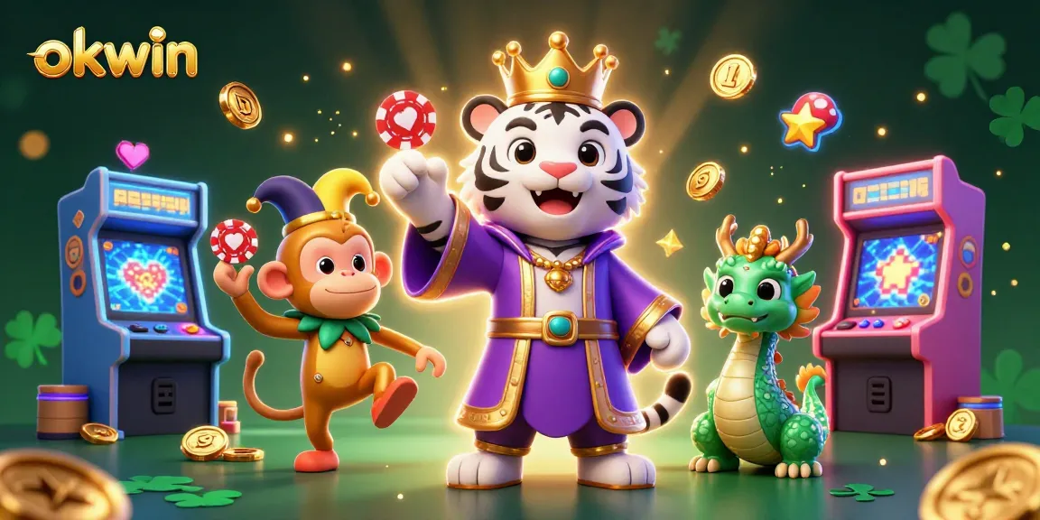 Engage with okwin's vibrant gaming atmosphere featuring a white tiger, monkey, and dragon in a lively scene.
