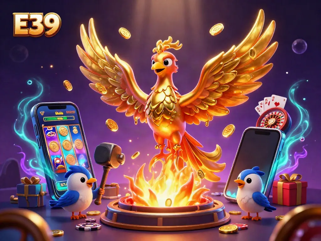 Experience E39's exciting slot game action with golden phoenix and gaming elements in a colorful 3D illustration.