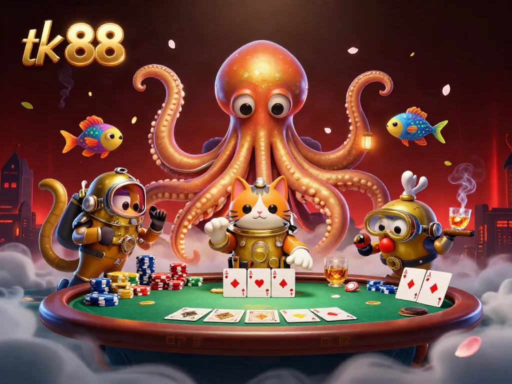 Engage in exciting games at tk 88, showcasing a vibrant scene of 3D characters, poker chips, and golden elements.