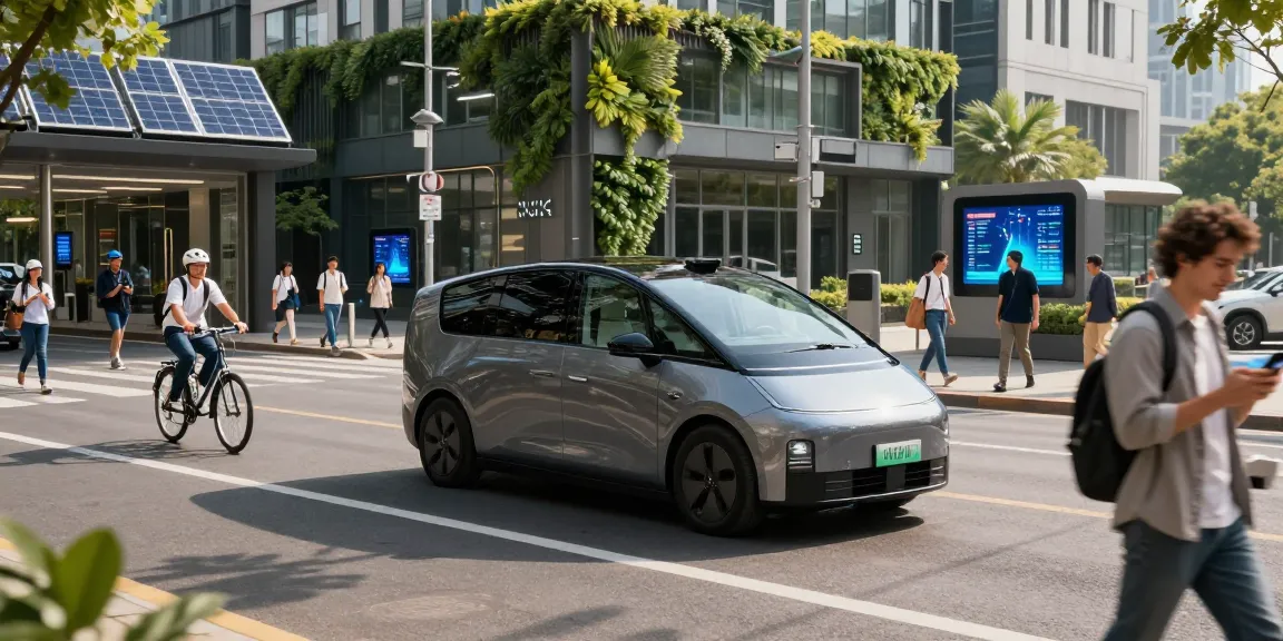 Autonomous driving scene with a sleek self-driving car in a futuristic urban environment, highlighting urban integration.