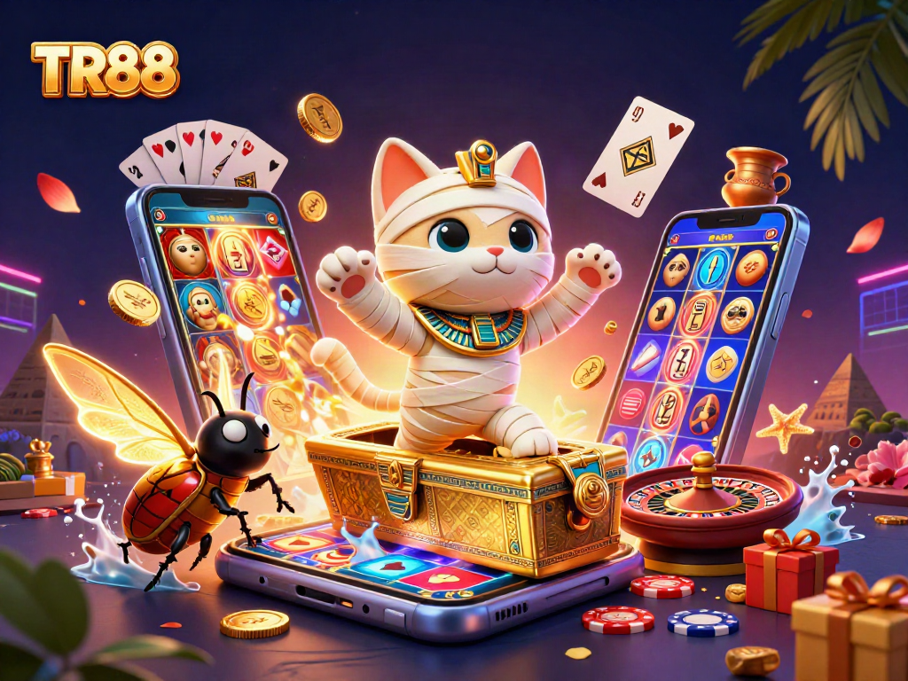 Experience high-stakes action with TR88’s vibrant casino scene featuring a lucky Egyptian mummy cat.