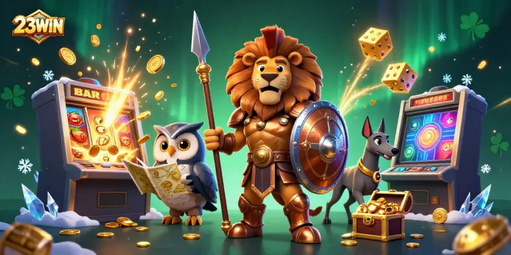 Experience the thrill of 23WIN with an epic casino illustration featuring rich gaming elements.