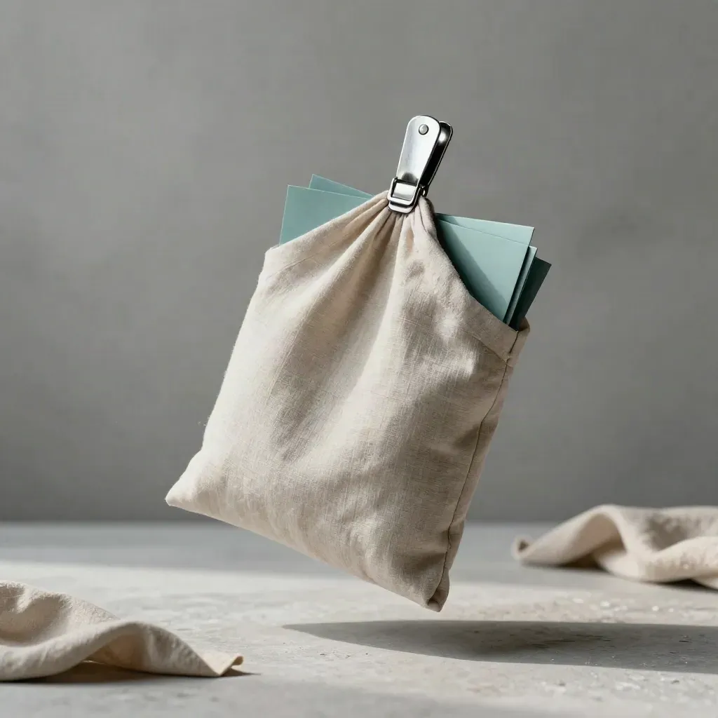 Pale linen-wrapped ETF pack with fanned inserts and metal clip floating in soft cloth folds.