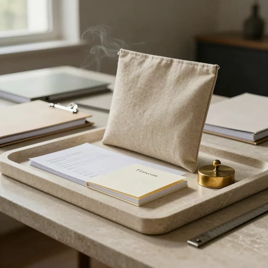 Limestone review tray with linen sleeve, folio, folded card and brass weight on a long table