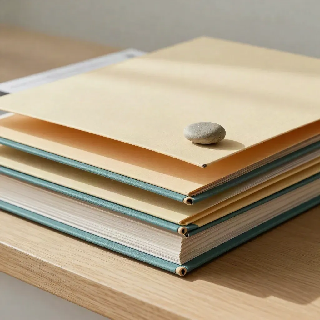 Three aligned folders on pale wood with a balancing stone, low macro, muted teal accent.