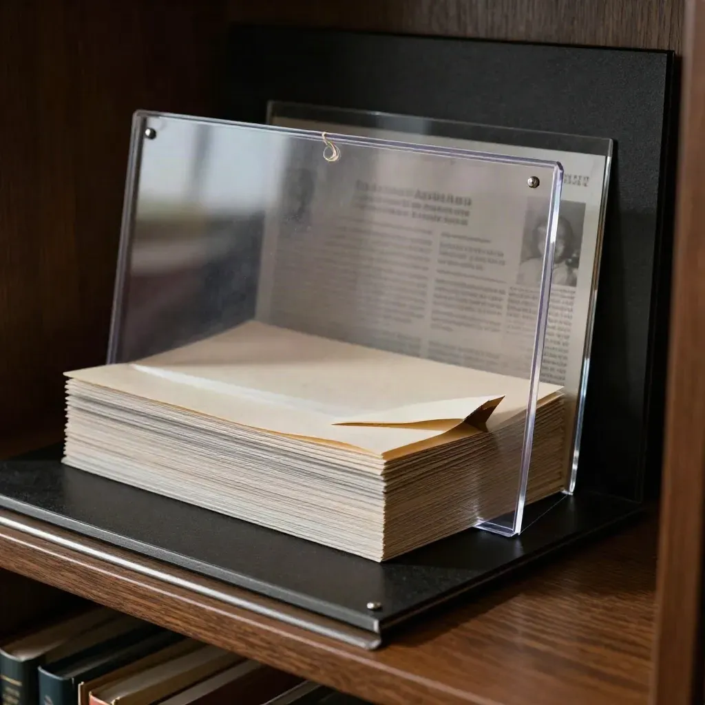 Acetate sleeve of adviser fact sheets with a lifted corner and silver shadow on dark board.