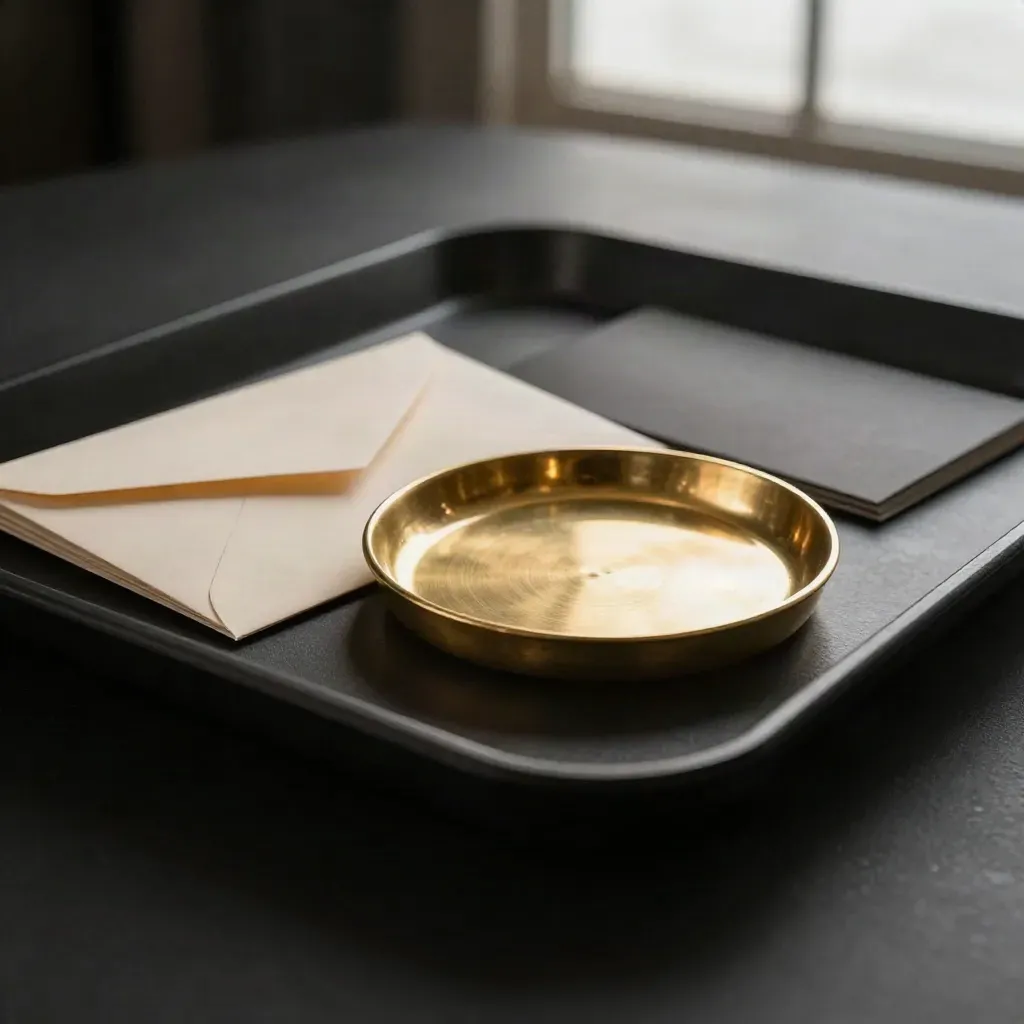 Brass coin dish, envelope and finance cards on a matte-black tray in dramatic light.