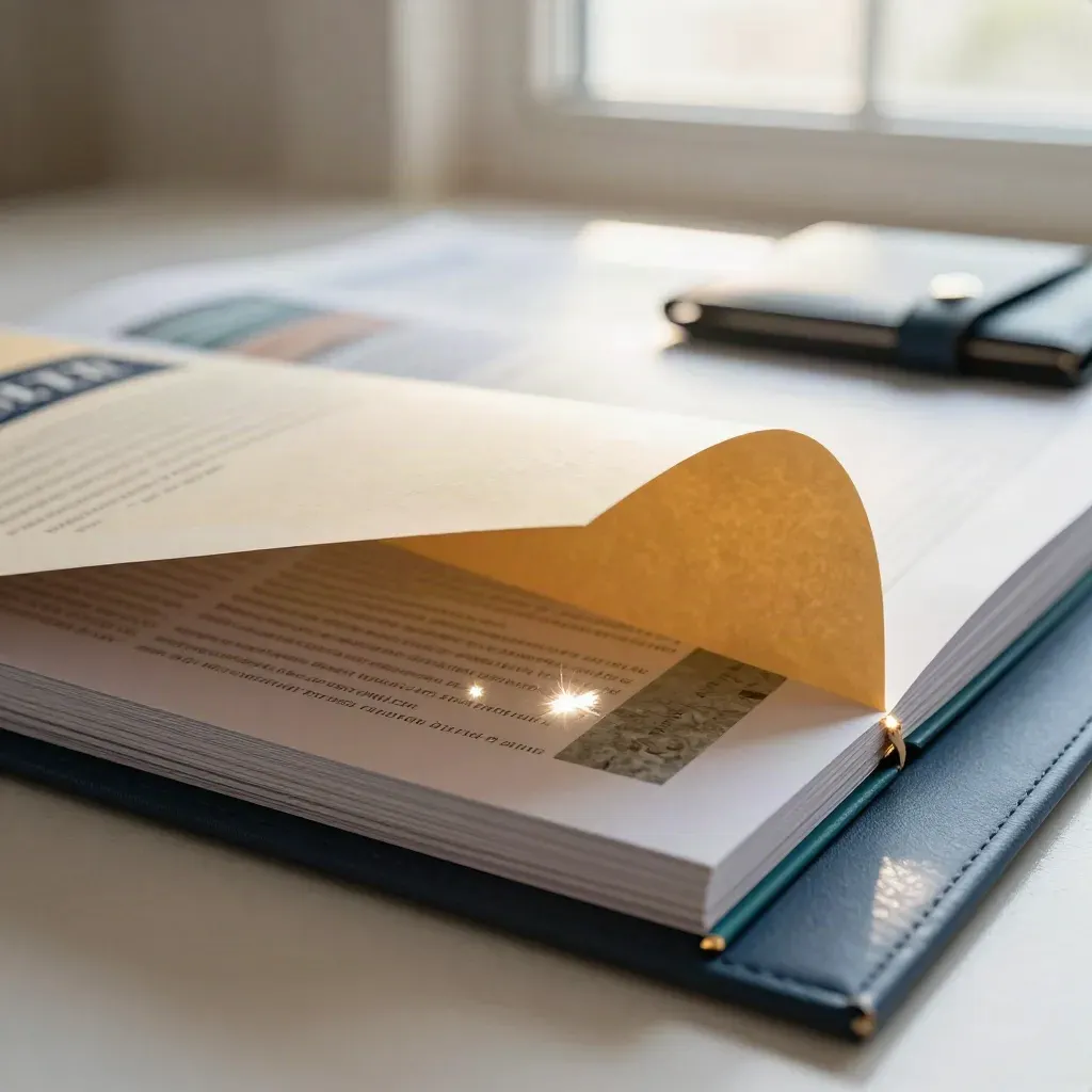 Teal and navy portfolio review pack unfolding on stone, lit with flare and dust.