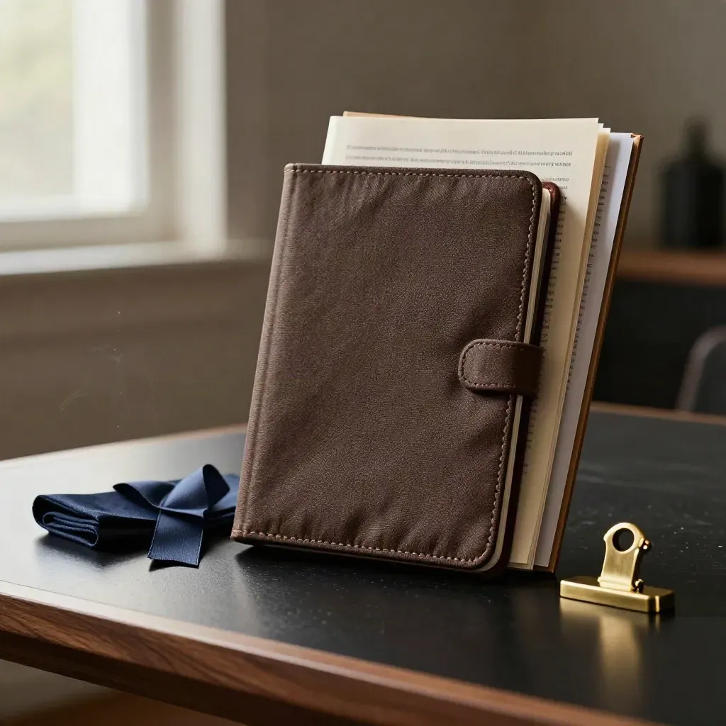 Dark linen income pack with brass clip and navy ribbon on a matte-black surface