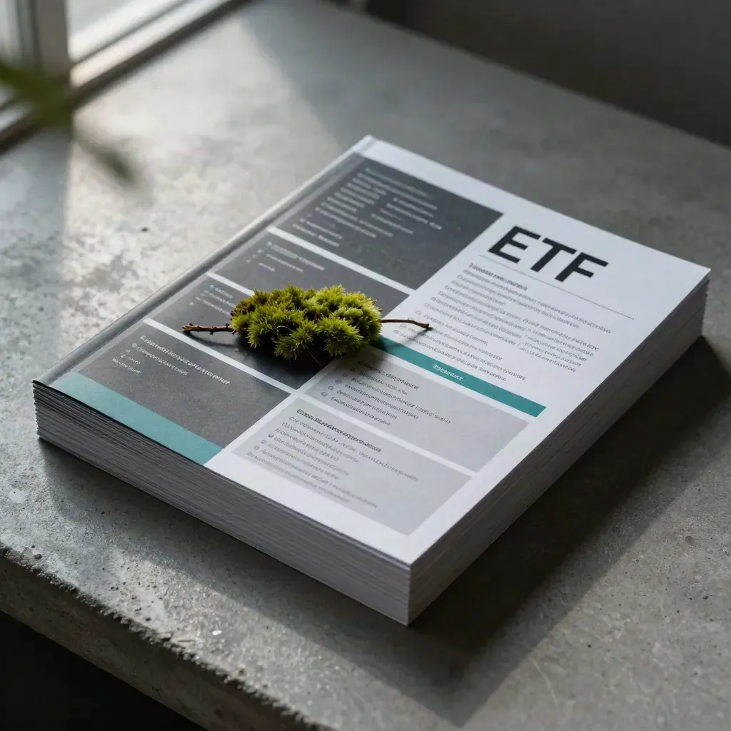 Matte ESG research cards with mossy sprig on a cool concrete slab