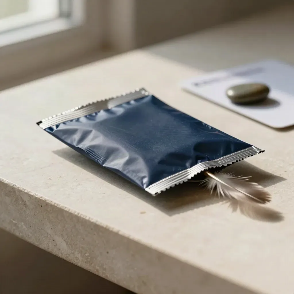 Midnight-blue finance packet sliding with silver edges, note strip and stone on pale stone