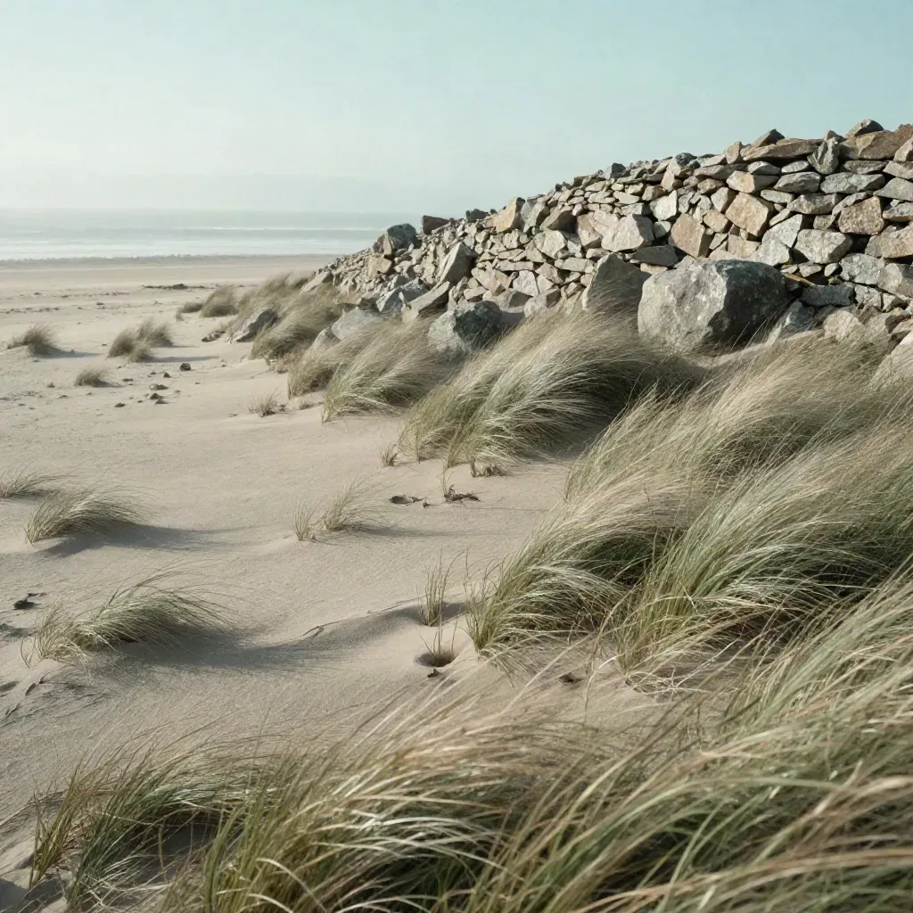 Coastal heath with grasses, stone ridge and misty water under late sun