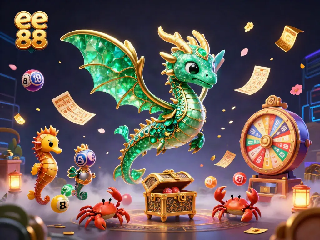 Engage with ee 88 and explore vibrant 3D casino-themed elements in a dynamic illustration.