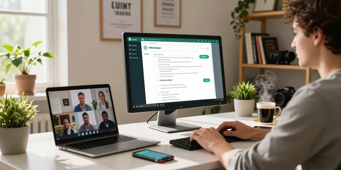 Using WhatsApp電腦版 in a modern home office with a cozy atmosphere, showcasing productivity and technology.