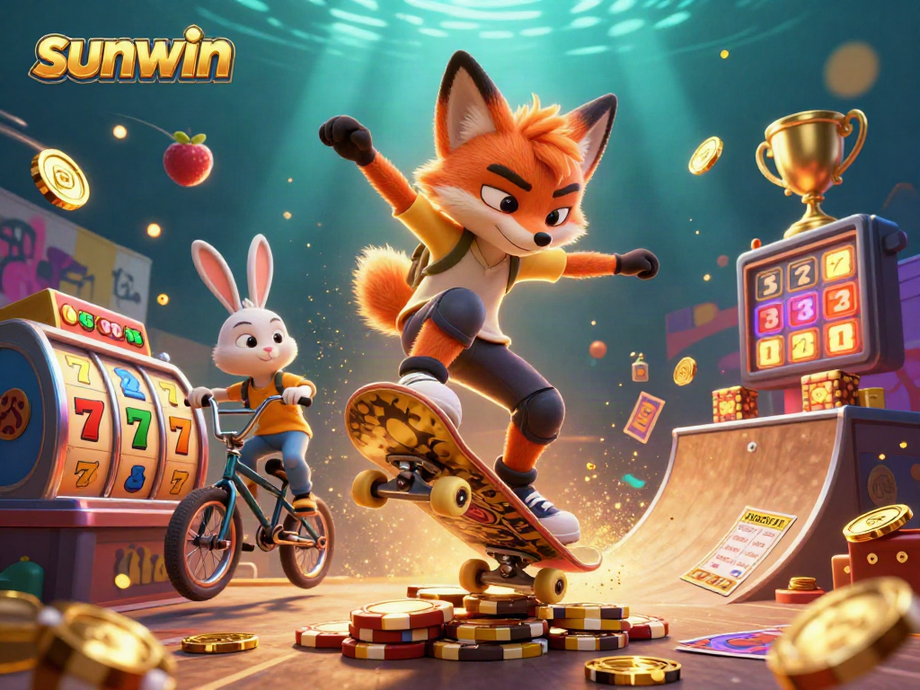 Experience the excitement of sunwin with engaging slot action and vibrant characters in a lively casino scene.