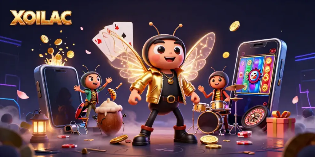 Experience the excitement of XOILAC with a vibrant scene of a rock star cicada amidst casino elements.