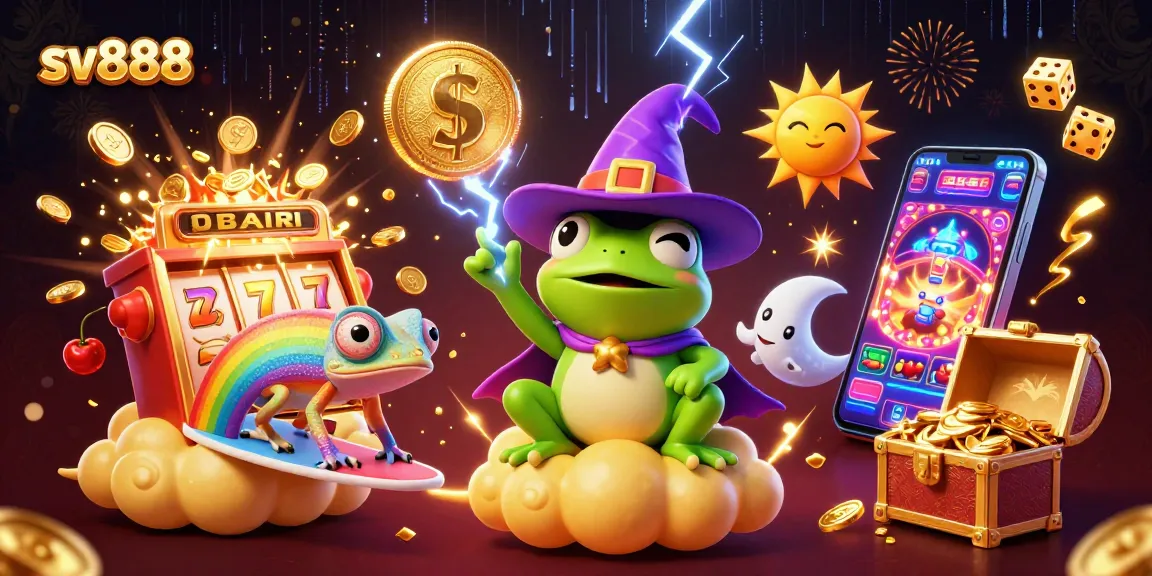 Experience the magic of sv888 with our wizard frog and chameleon in a dazzling casino scene.