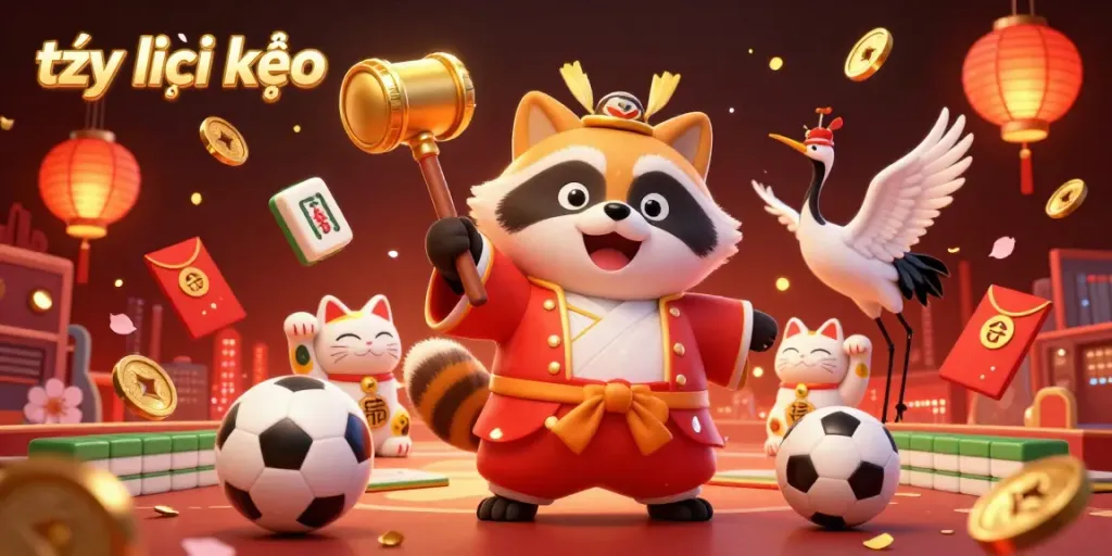 Immerse in the vibrant sports betting world with tỷ lệ kèo, as colorful maneki-neko wave amidst dynamic game elements.