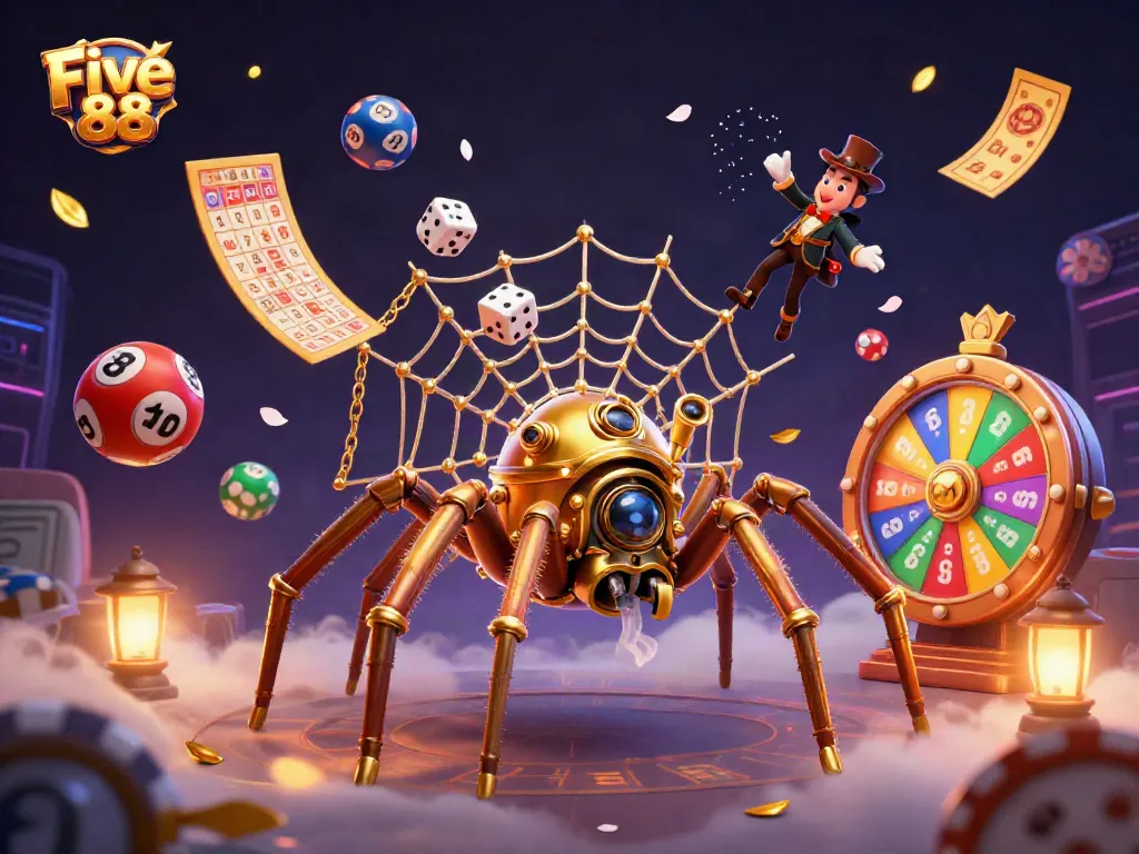 Experience the excitement of Five 88 with this vibrant steampunk-themed casino illustration.