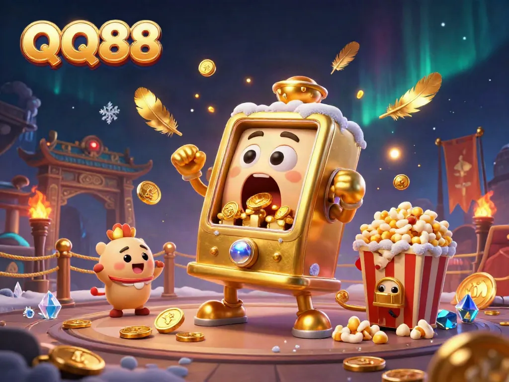 QQ88's golden slot machine celebrates a jackpot amid cheering baby slots and golden popcorn, creating a vibrant casino atmosphere.